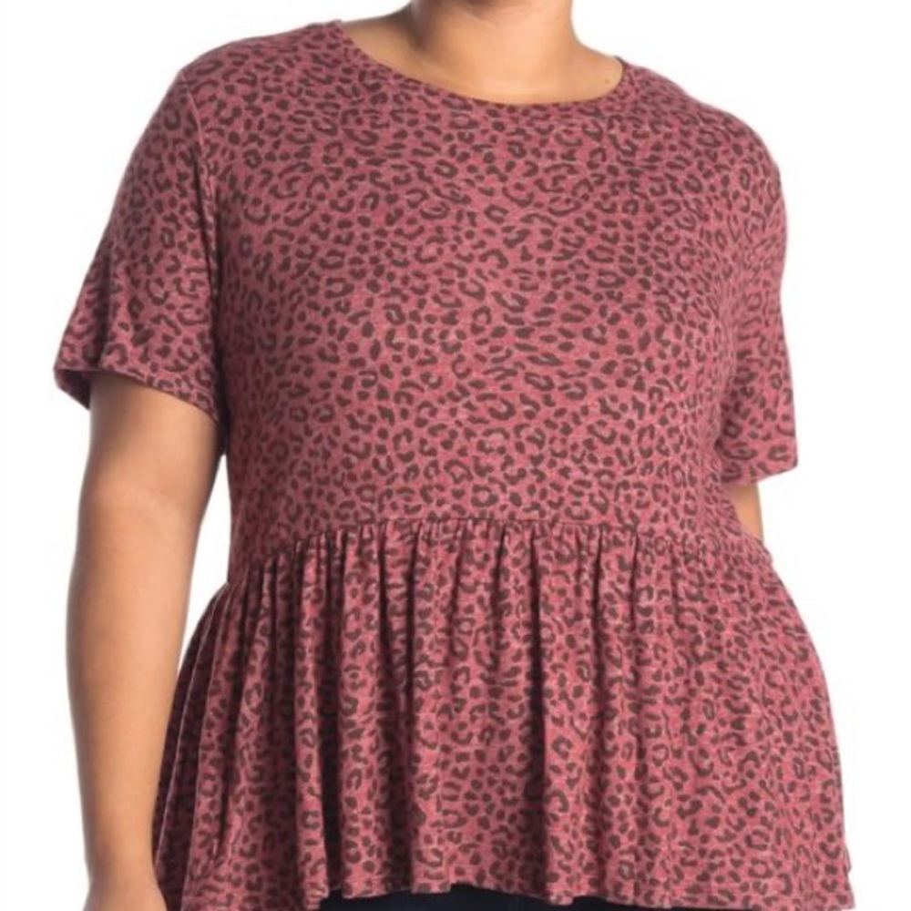 NWT BOBEAU Leopard Brushed Knit Peplum Hem Top 2X